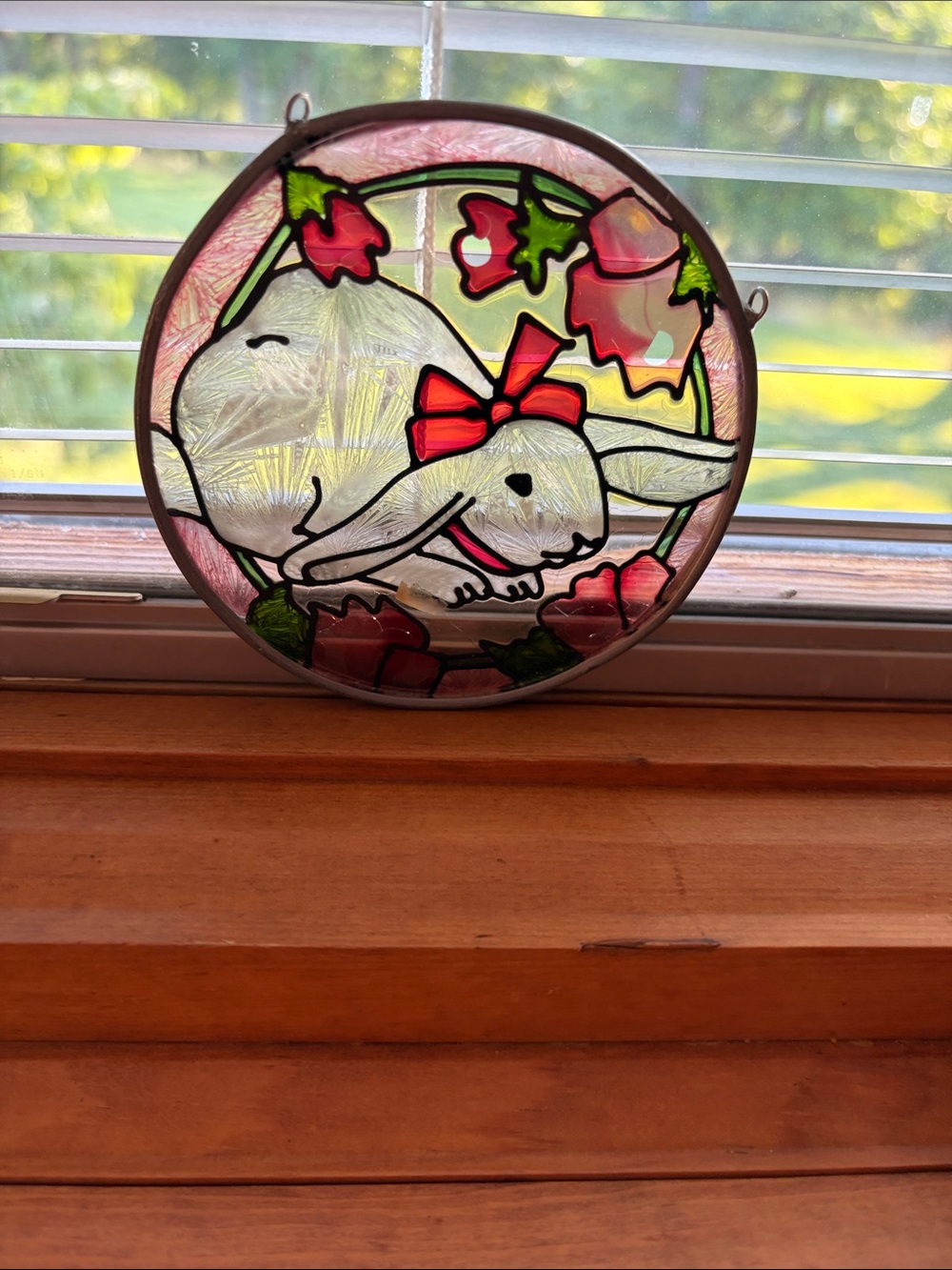 Handcrafted White Bunny Stained Glass Suncatcher with Pink Accents
